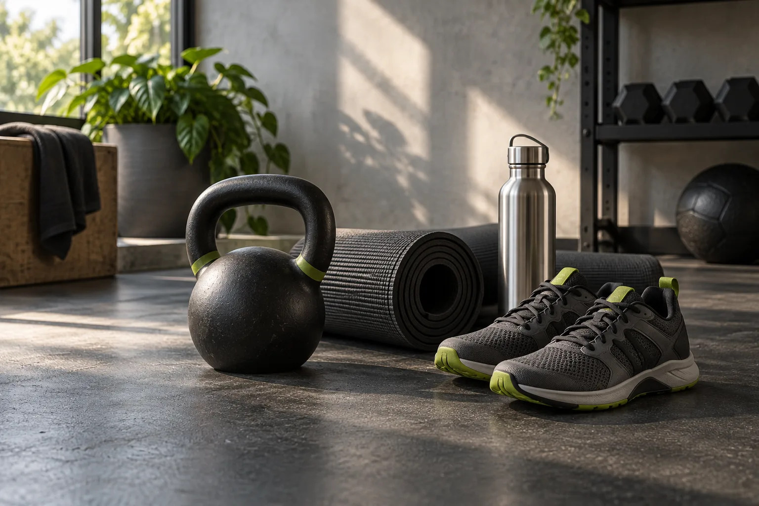 Illustrative fitness equipment in a sunlit training space