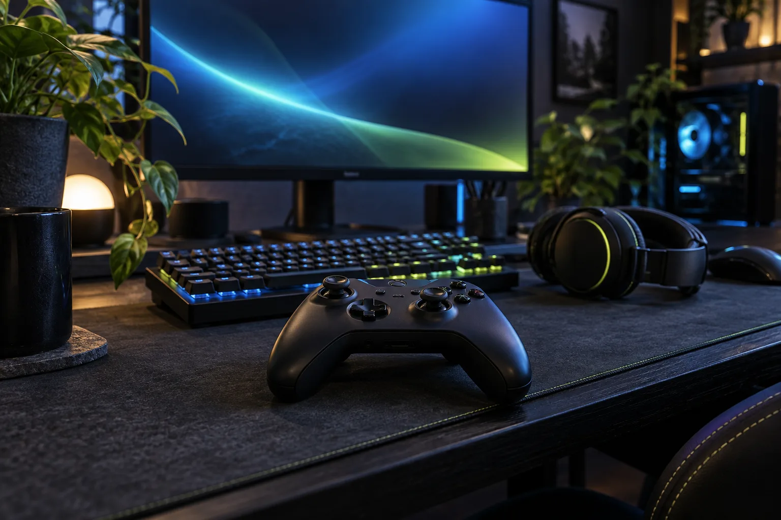 Illustrative gaming desk with controller and headphones
