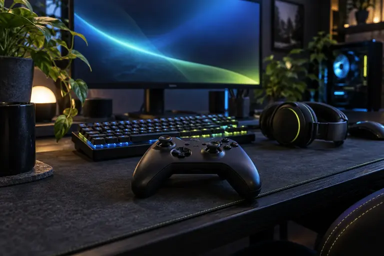 Illustrative gaming setup with a controller, headphones and illuminated desk